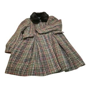 ModCloth Plaid Tweed Coat Faux Fur Collar Women's XL Green Multi Color pockets